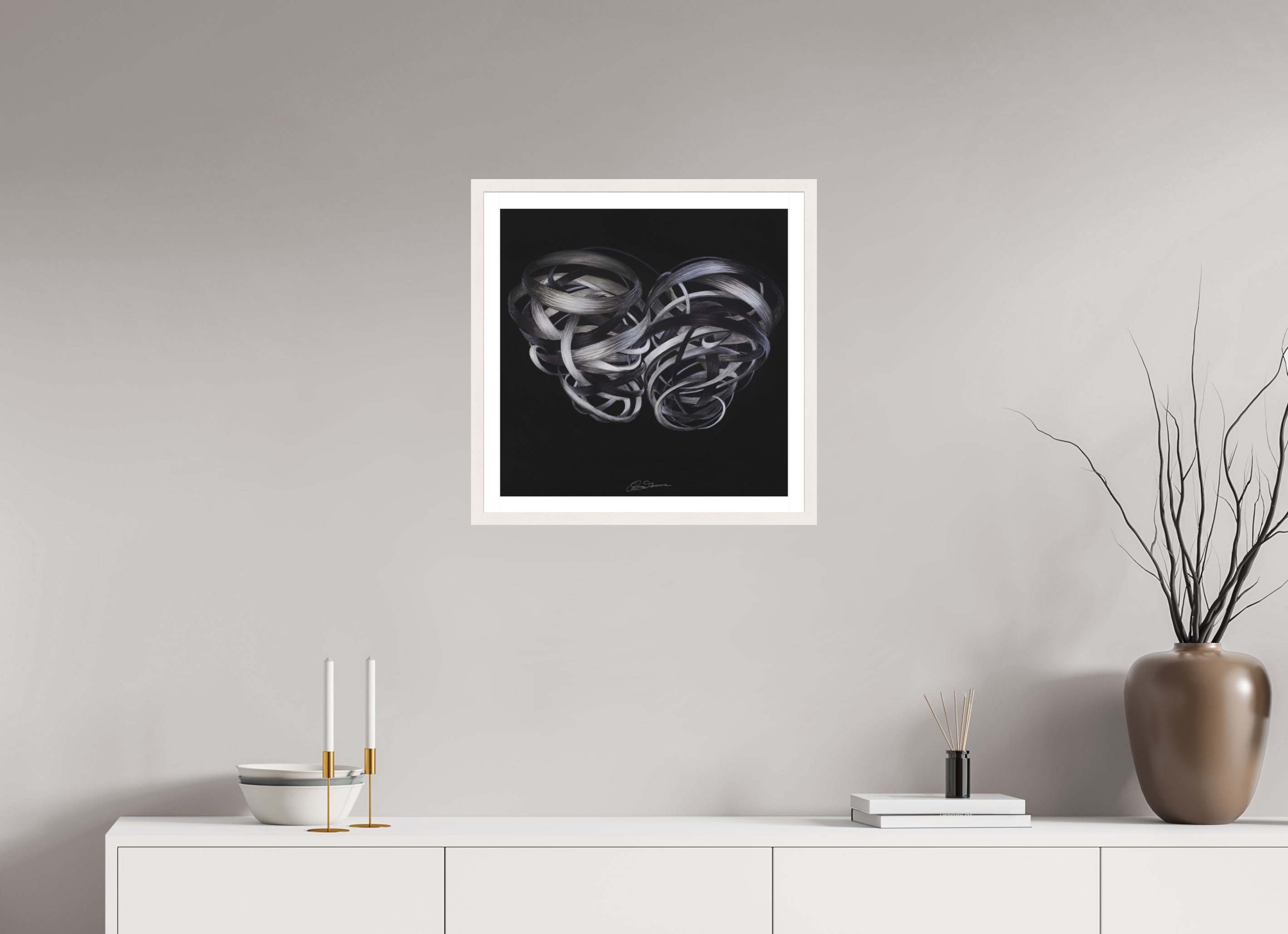 50 x 50 cm, Papier mit Holzrahmen, weiß Kuss – Verflechtung