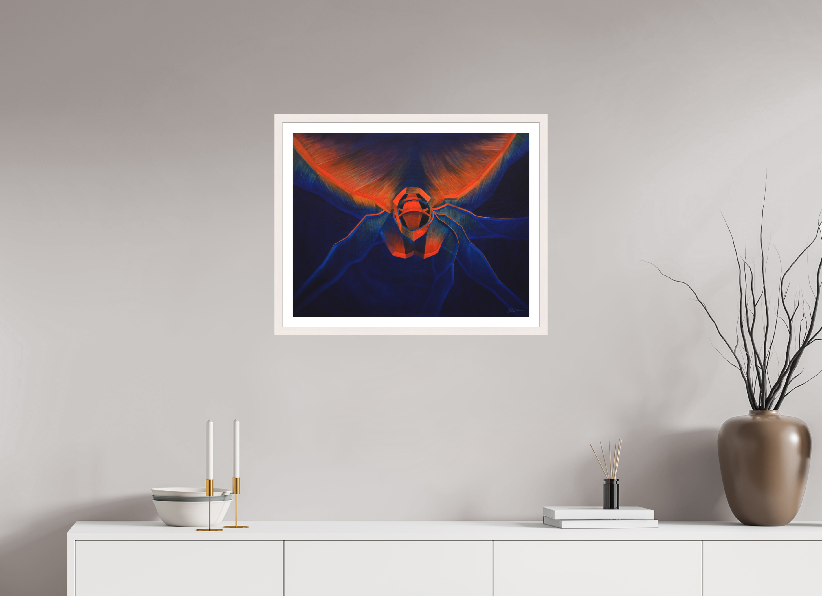 63,9 x 50 cm, Papier mit Holzrahmen, weiß Feuerflug