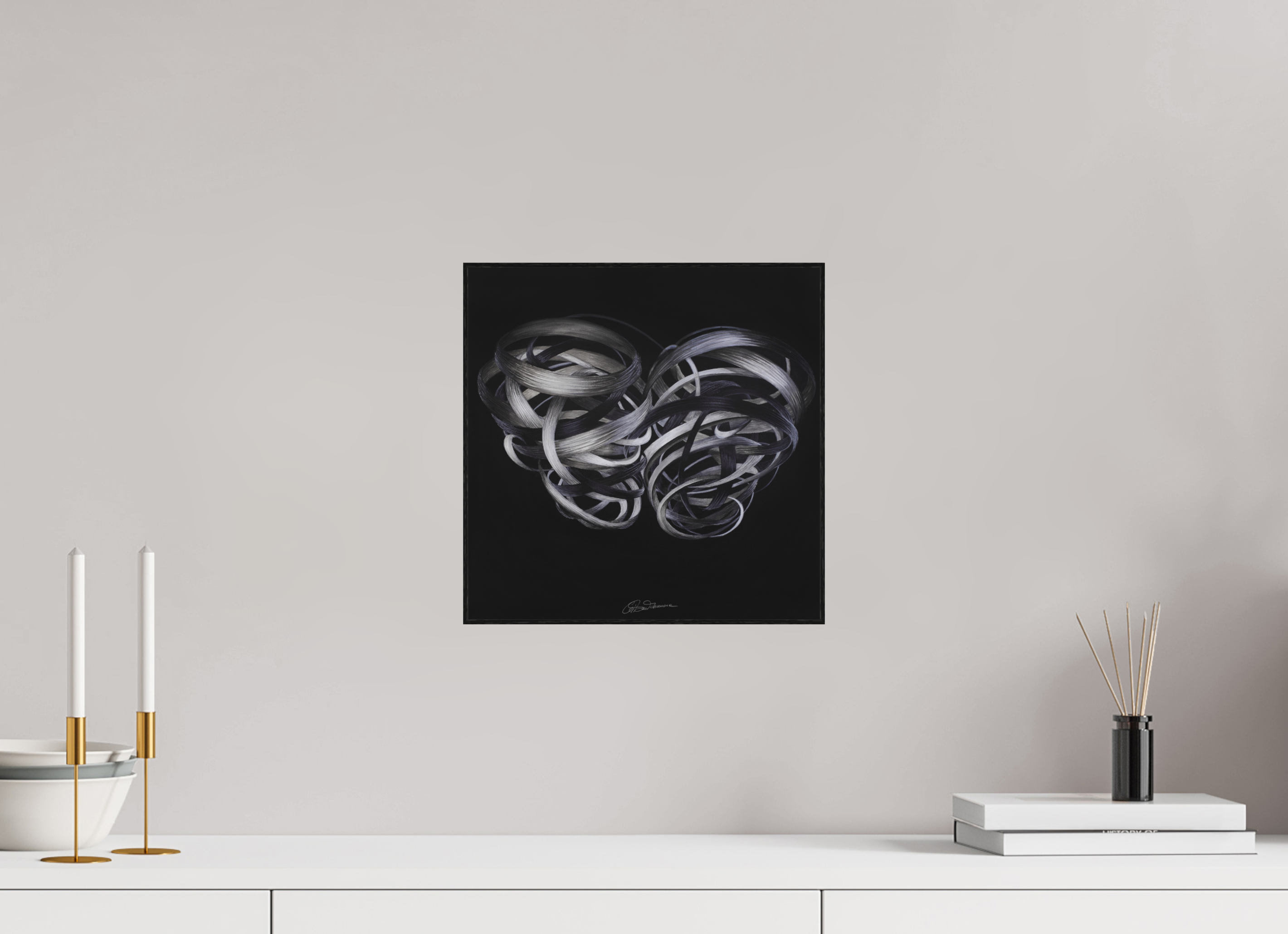 30 x 30 cm, Kunstdruck auf Alu-Dibond mit Holzrahmen, schwarz Kuss – Verflechtung