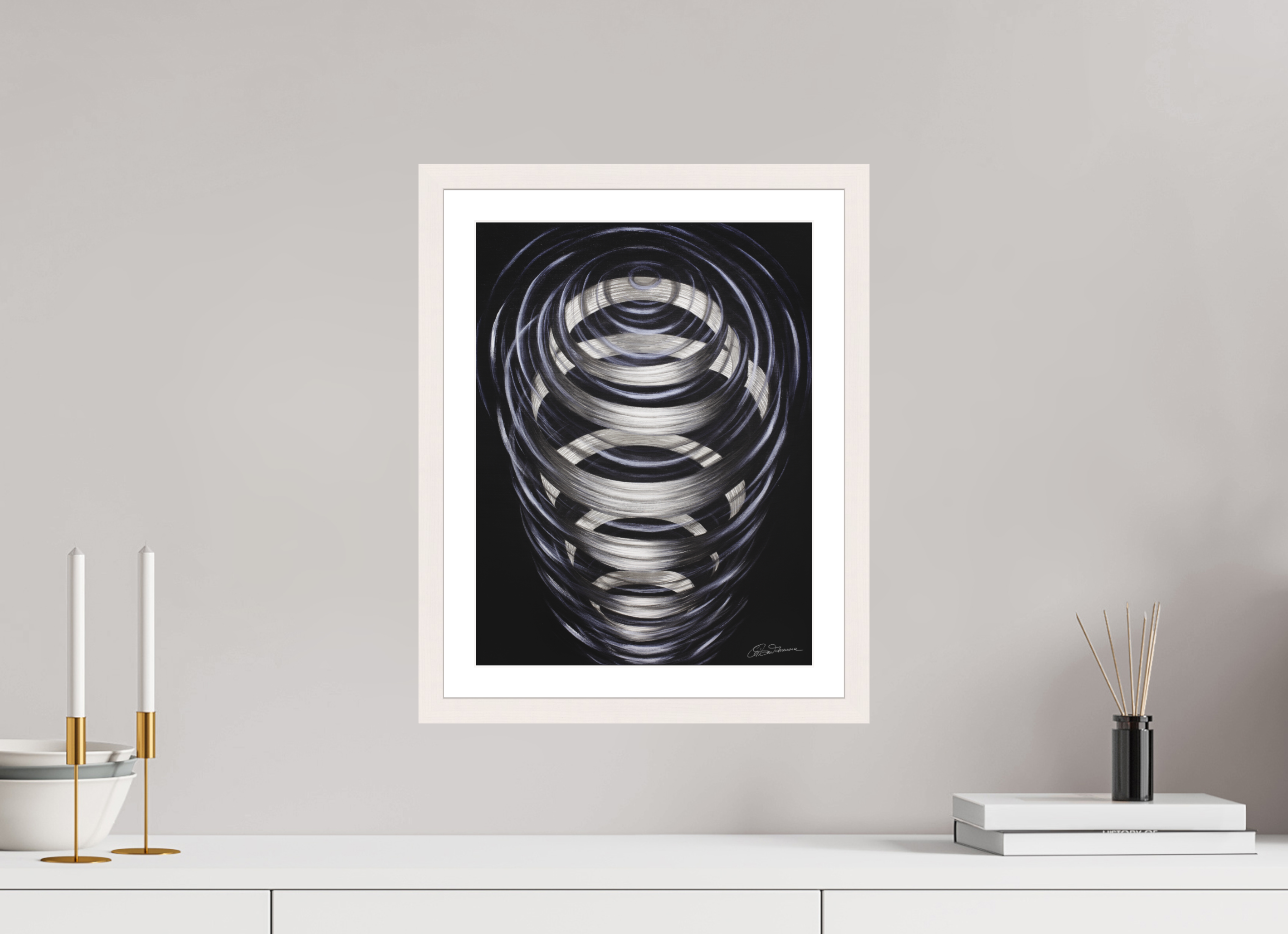 30 x 39,3 cm, Papier mit Holzrahmen, weiß Sich um sich selbst drehen