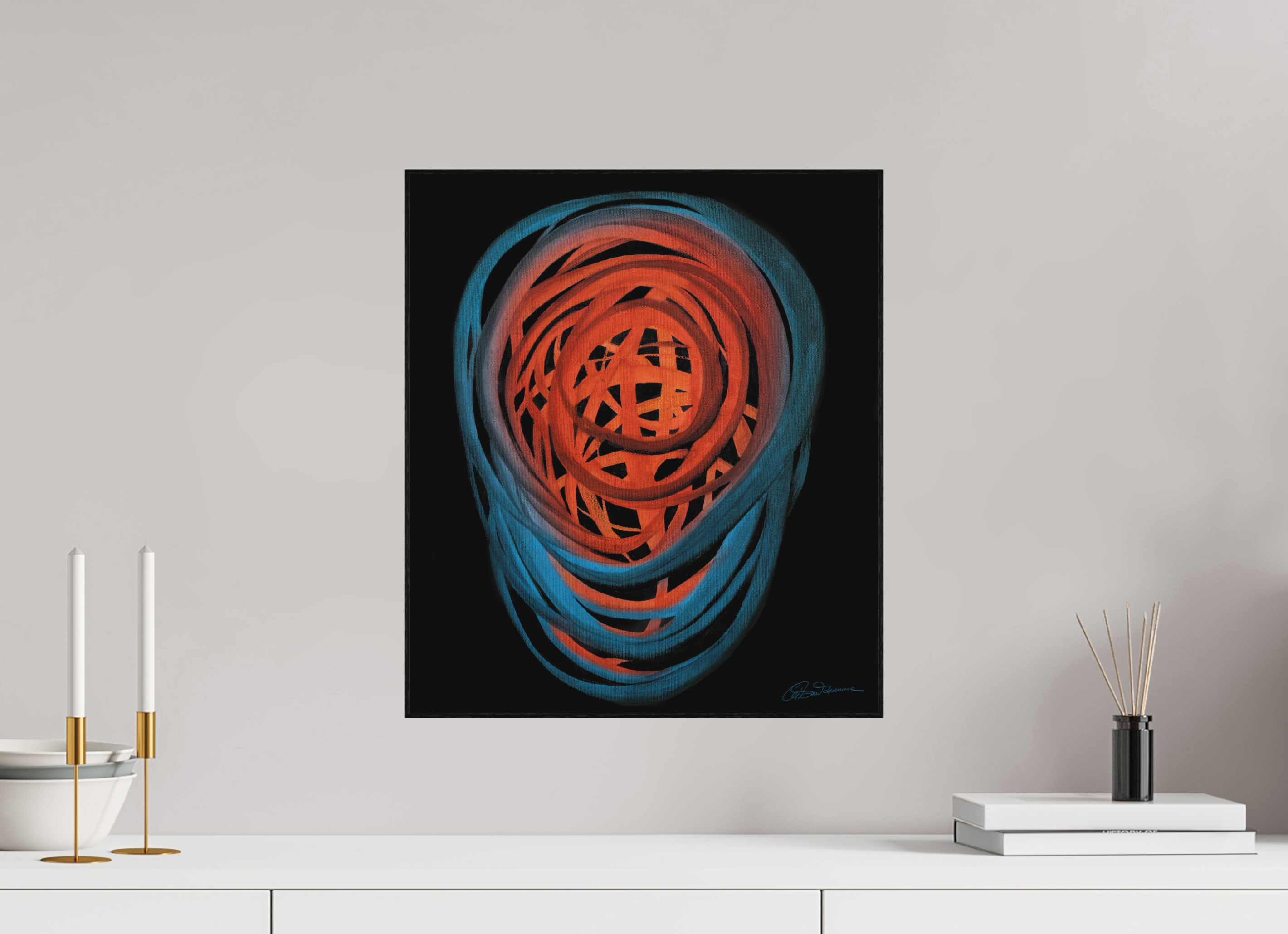 40 x 45,9 cm, Alu-Dibond mit Holzrahmen, schwarz Feuer & Wasser | Spätsommer