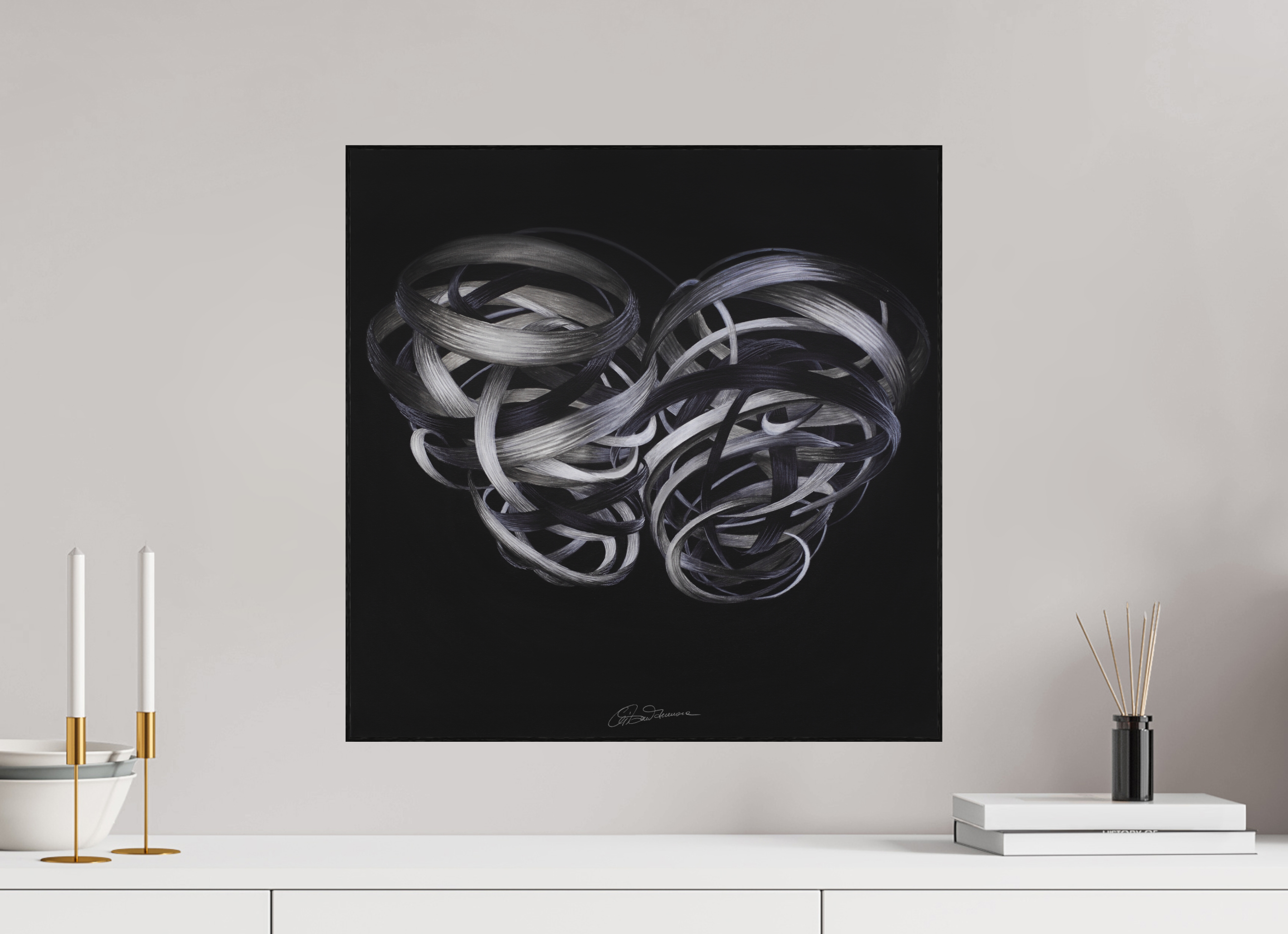 50 x 50 cm, Kunstdruck auf Alu-Dibond mit Holzrahmen, schwarz Kuss – Verflechtung