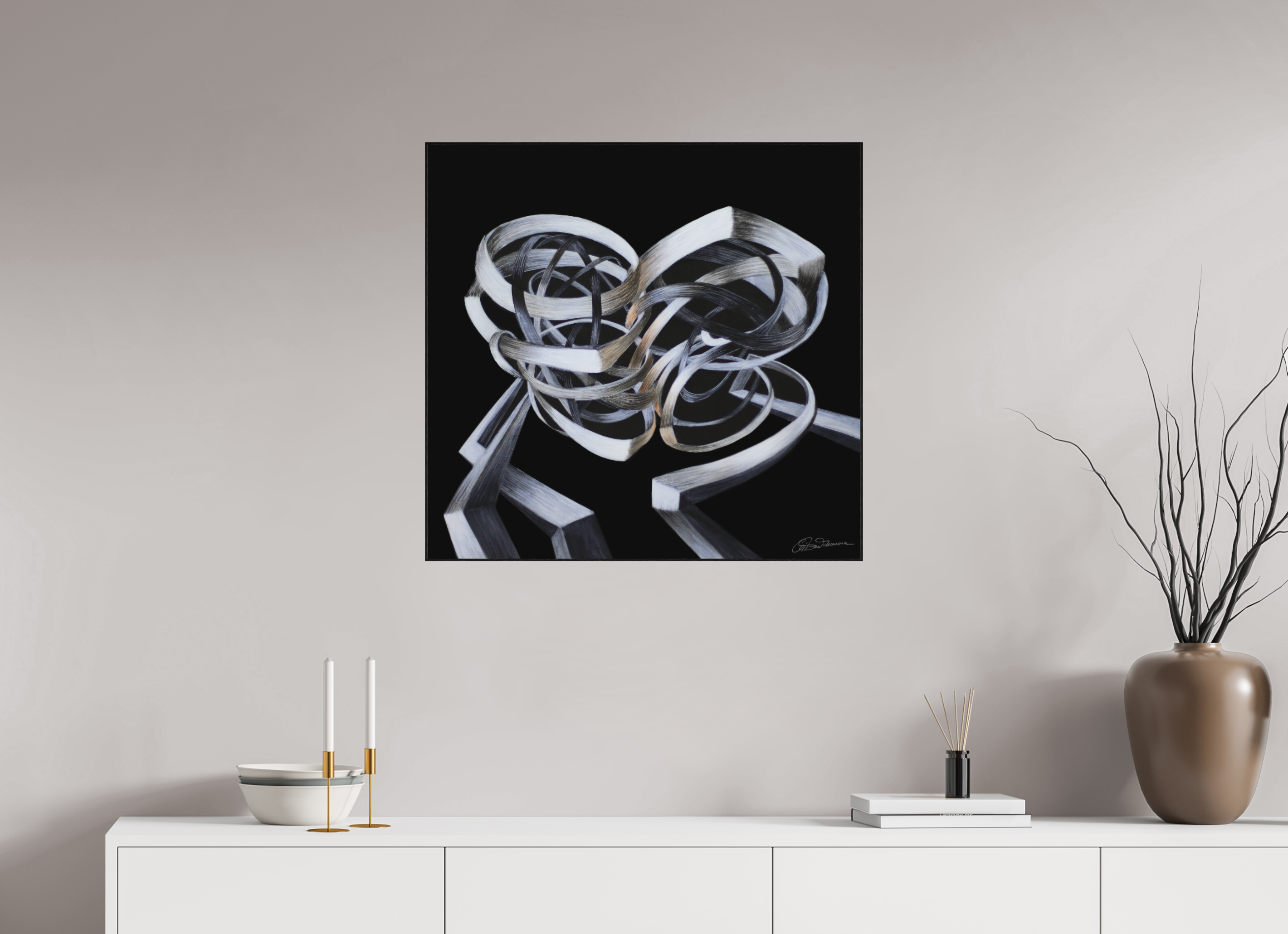 73,2 x 70 cm, Alu-Dibond mit Holzrahmen, schwarz Verschränkung - Kuss