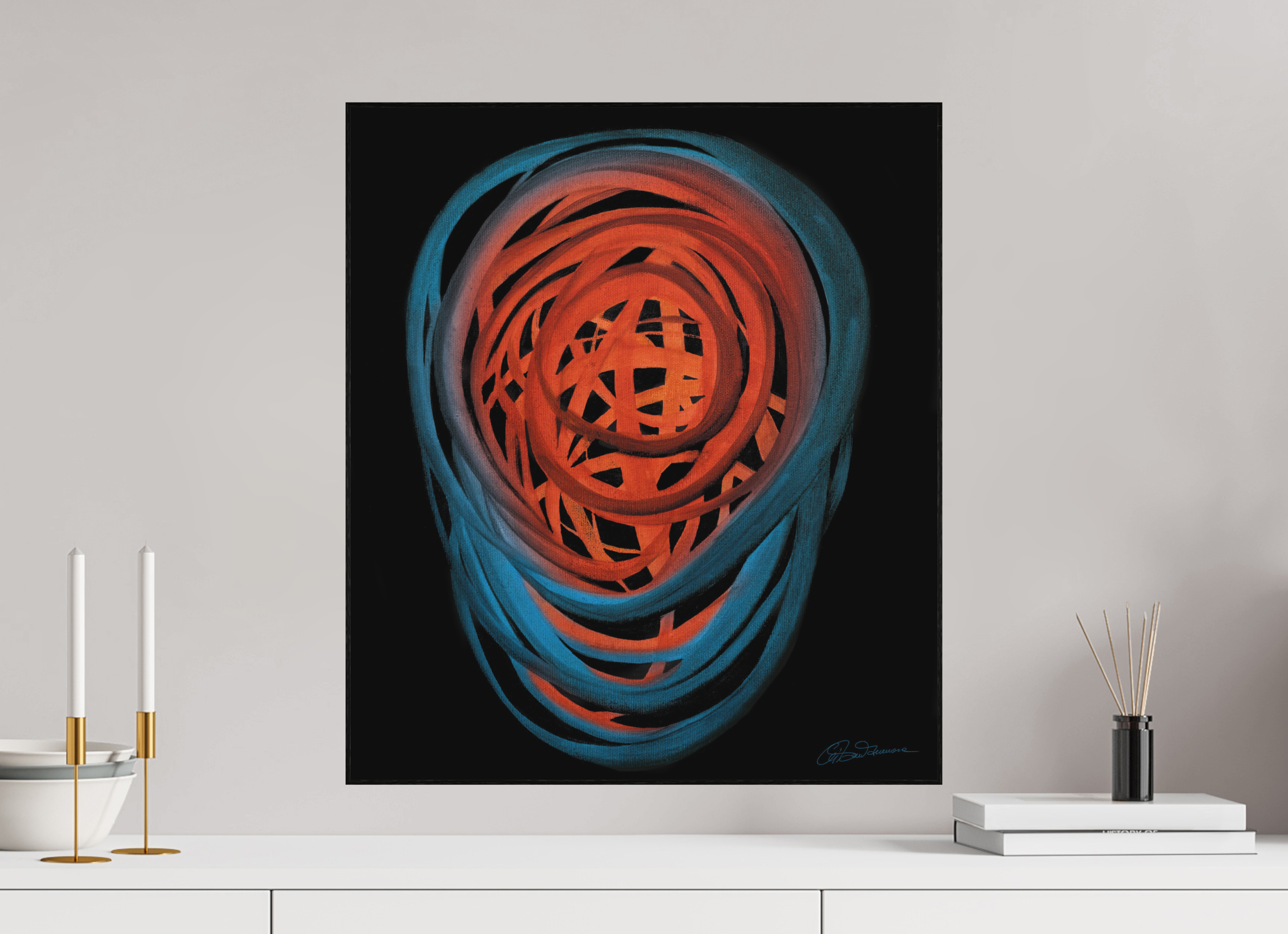 50 x 57,3 cm, Alu-Dibond mit Holzrahmen, schwarz Feuer & Wasser | Spätsommer