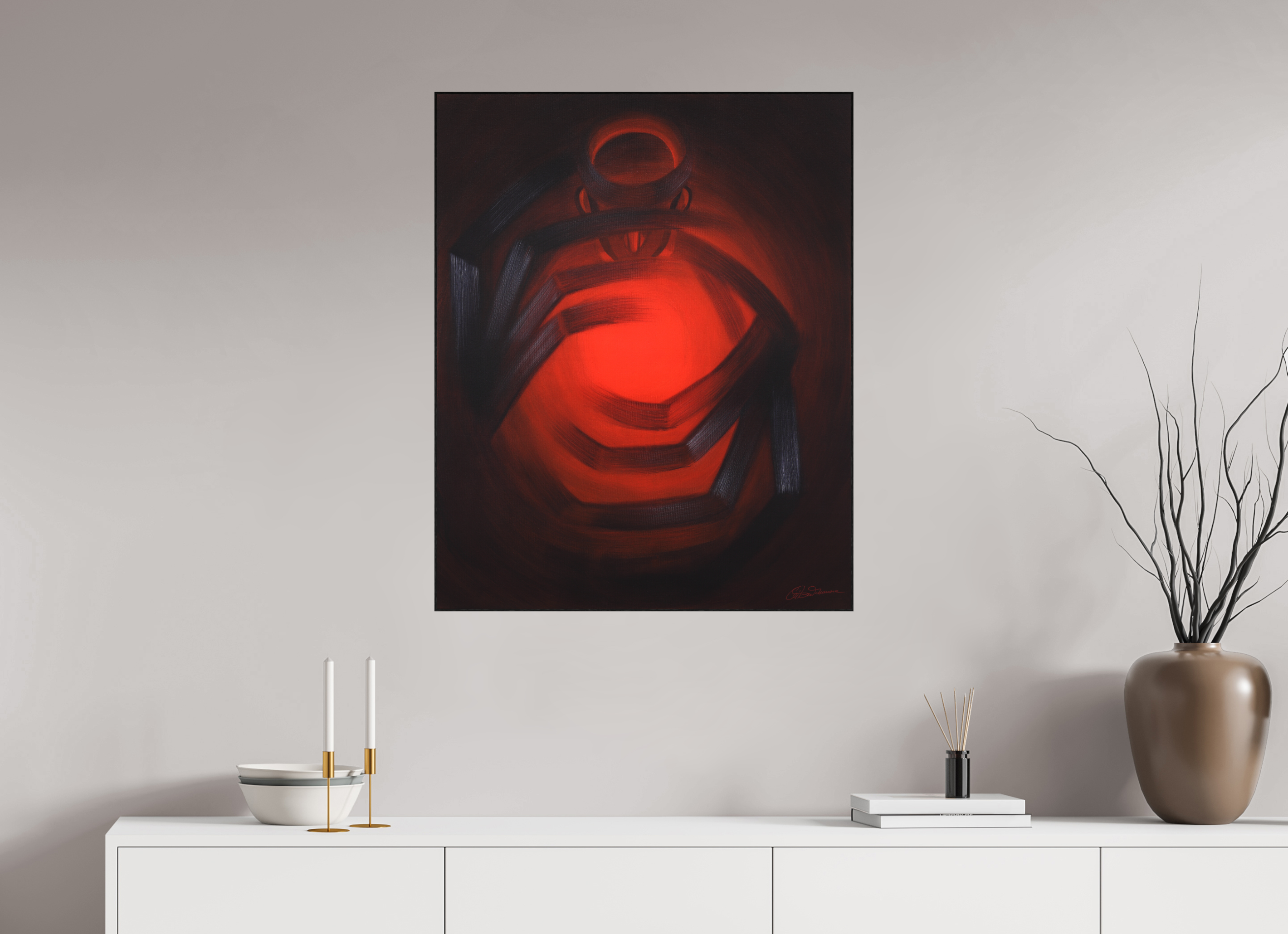 70 x 87 cm, Alu-Dibond mit Holzrahmen, schwarz Der Feuerweber