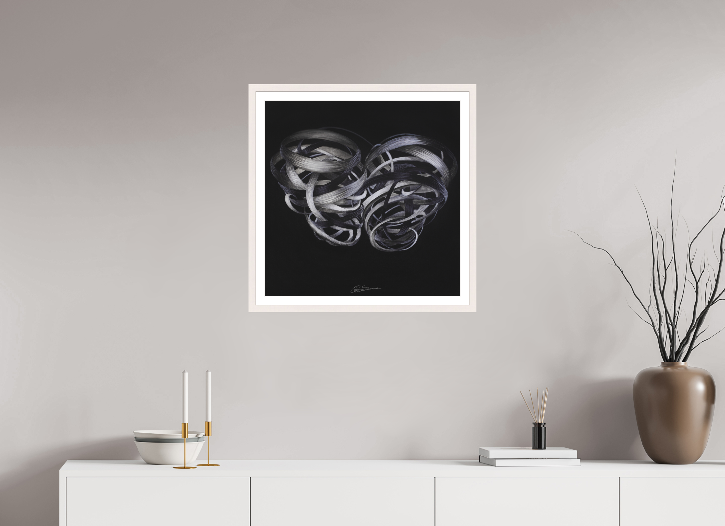 60 x 60 cm, Papier mit Holzrahmen, weiß Kuss – Verflechtung