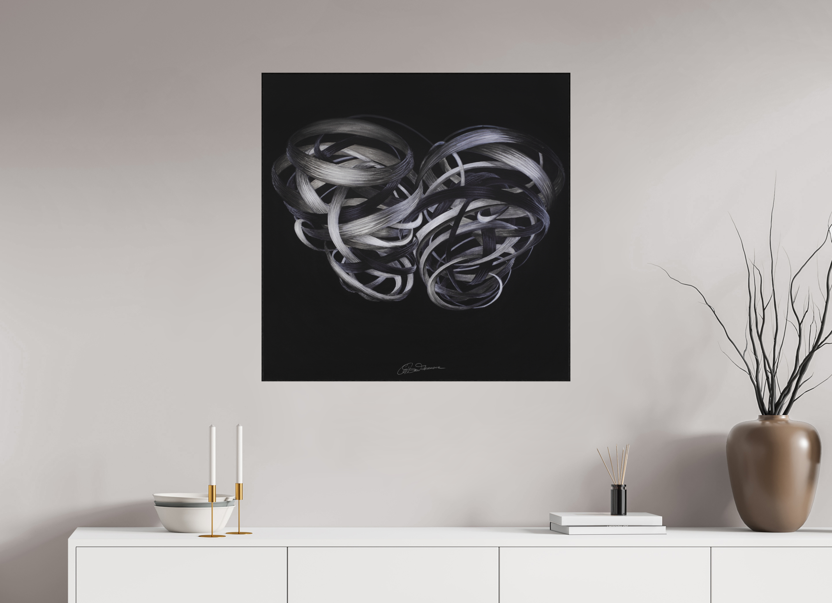 80 x 80 cm, Kunstdruck auf Alu-Dibond mit Holzrahmen, schwarz Kuss – Verflechtung