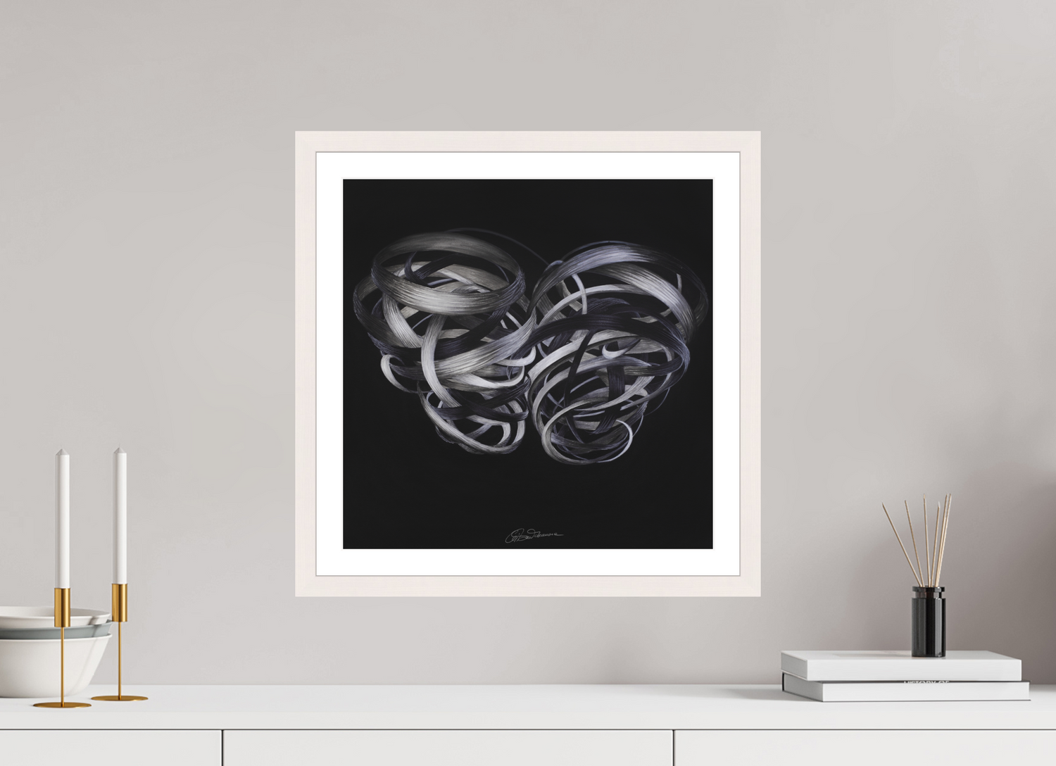 40 x 40 cm, Papier mit Holzrahmen, weiß Kuss – Verflechtung