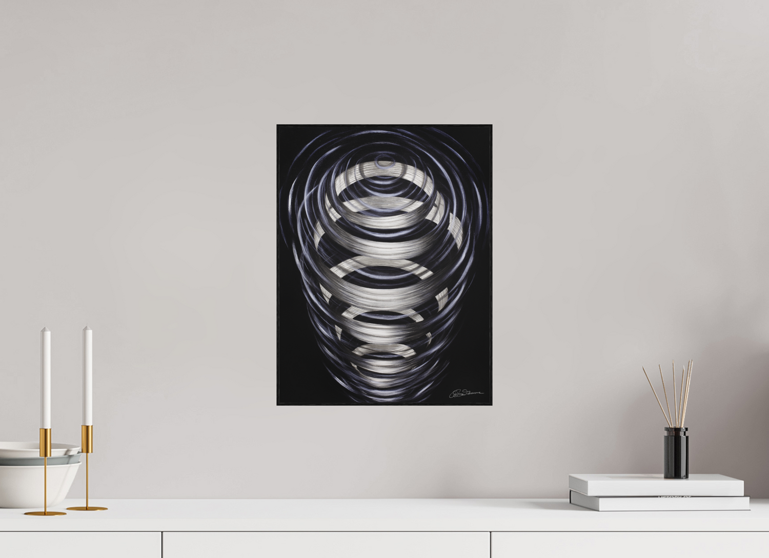 30 x 39,3 cm, Alu-Dibond mit Holzrahmen, schwarz Sich um sich selbst drehen