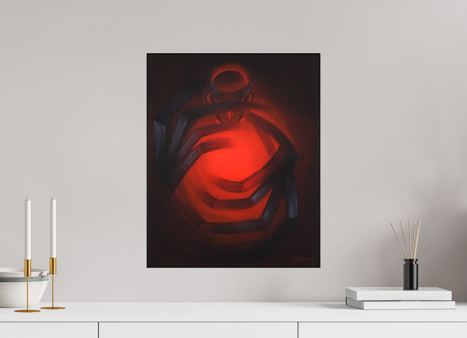 40 x 49,7 cm, Alu-Dibond mit Holzrahmen, schwarz Der Feuerweber