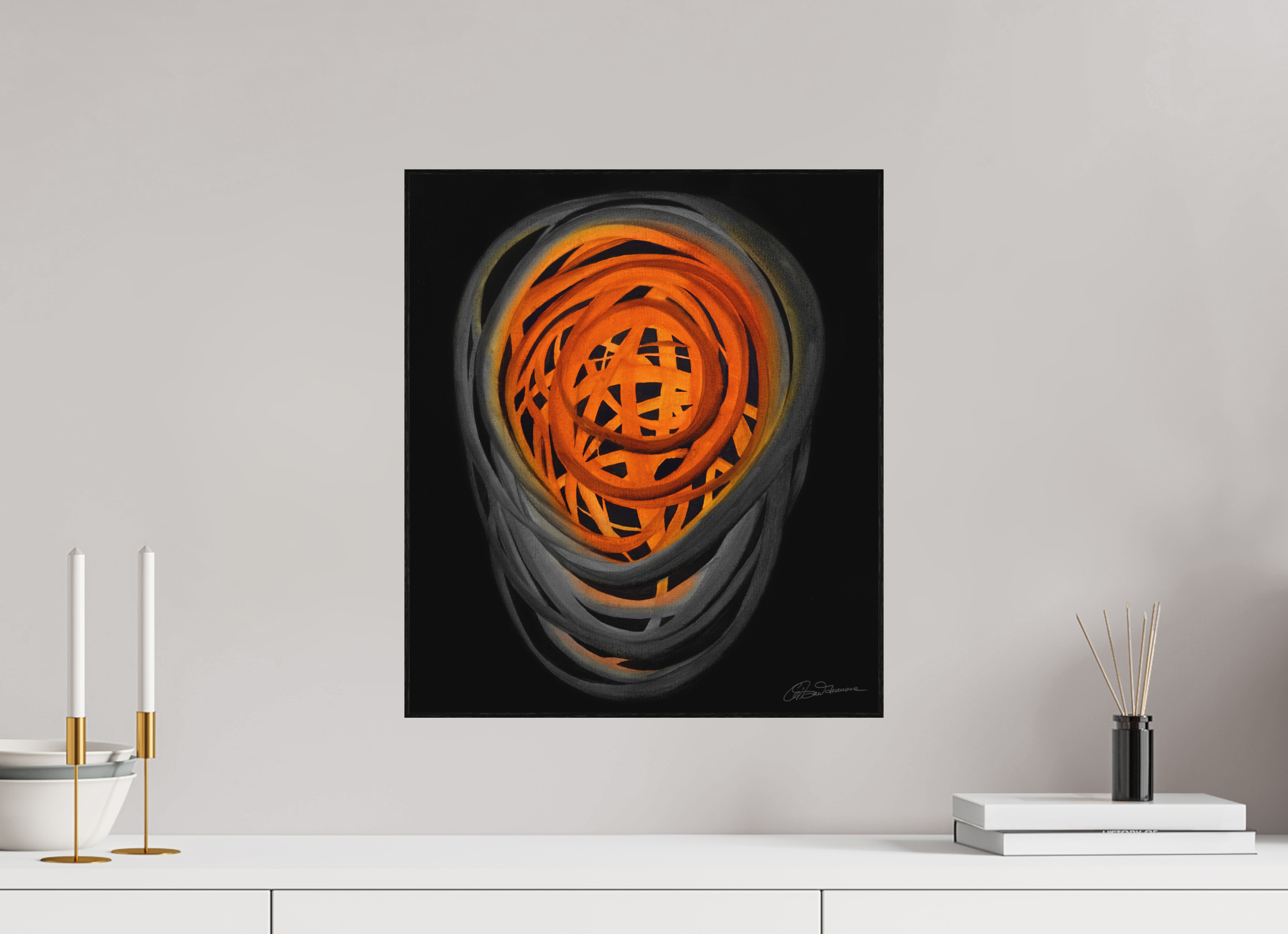 40 x 45,9 cm, Alu-Dibond mit Holzrahmen, schwarz Feuer &amp; Asche | Herbstglut