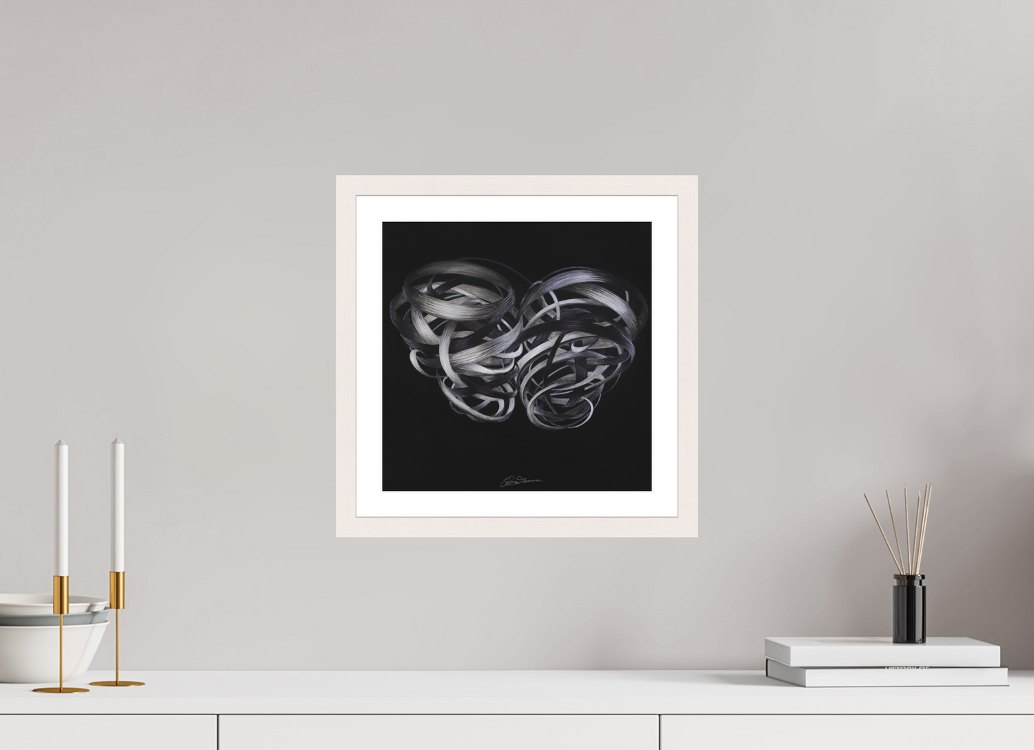 30 x 30 cm, Papier mit Holzrahmen, weiß Kuss – Verflechtung