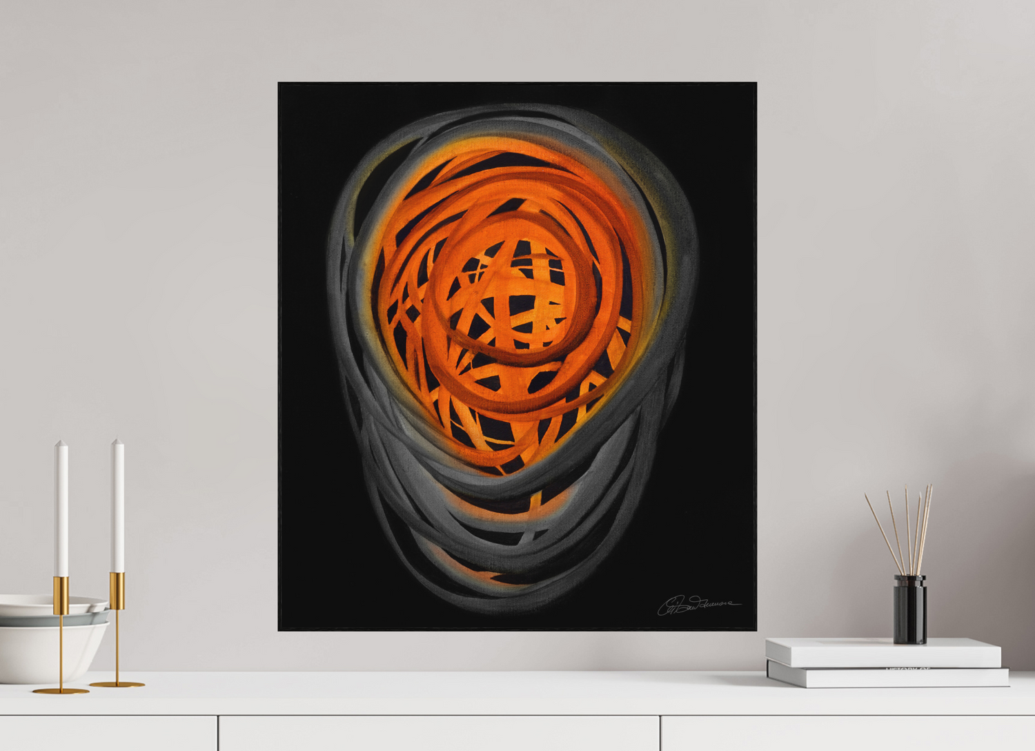 50 x 57,4 cm, Alu-Dibond mit Holzrahmen, schwarz Feuer &amp; Asche | Herbstglut