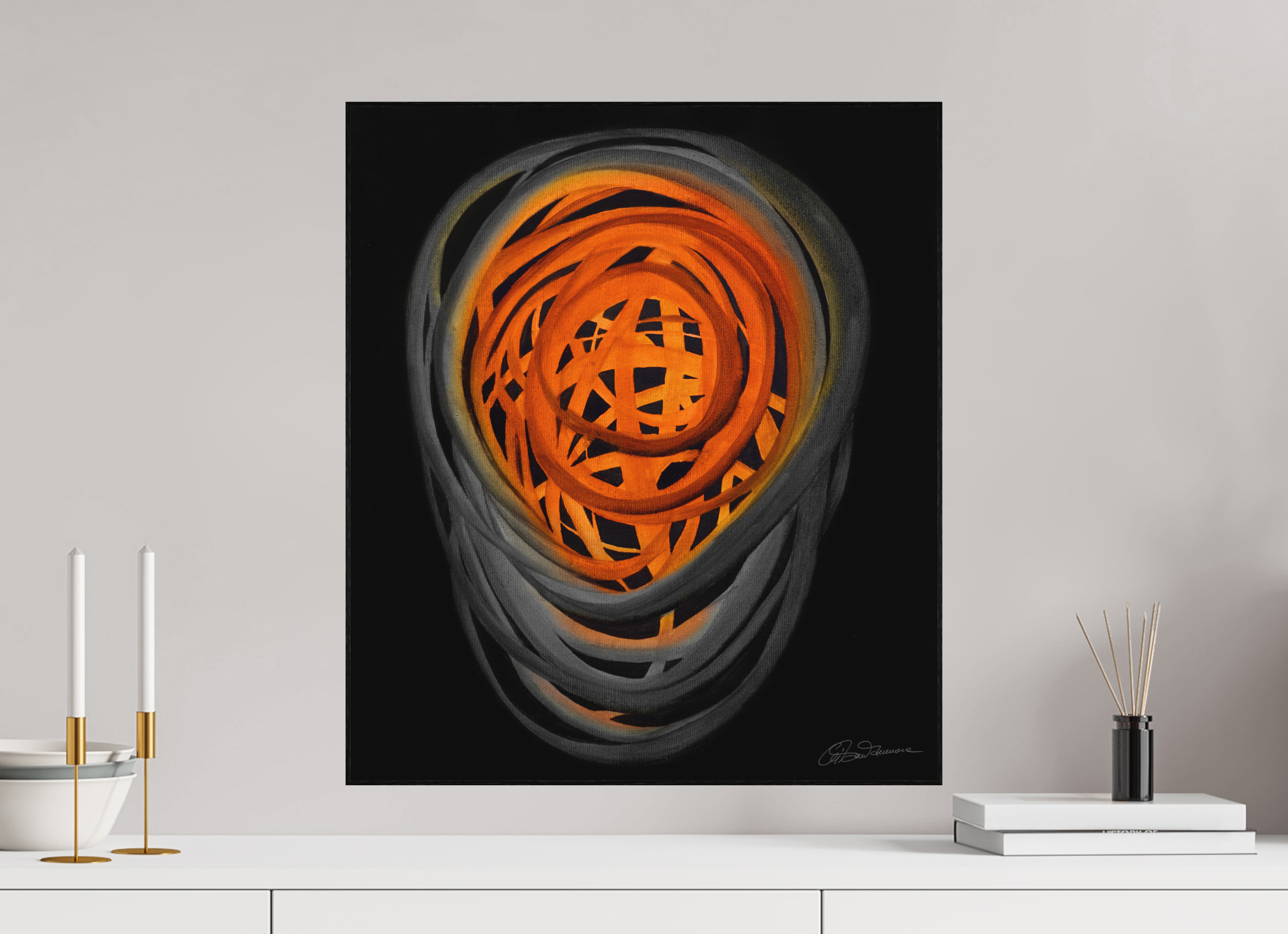 50 x 57,4 cm, Alu-Dibond mit Holzrahmen, schwarz Feuer &amp; Asche | Herbstglut