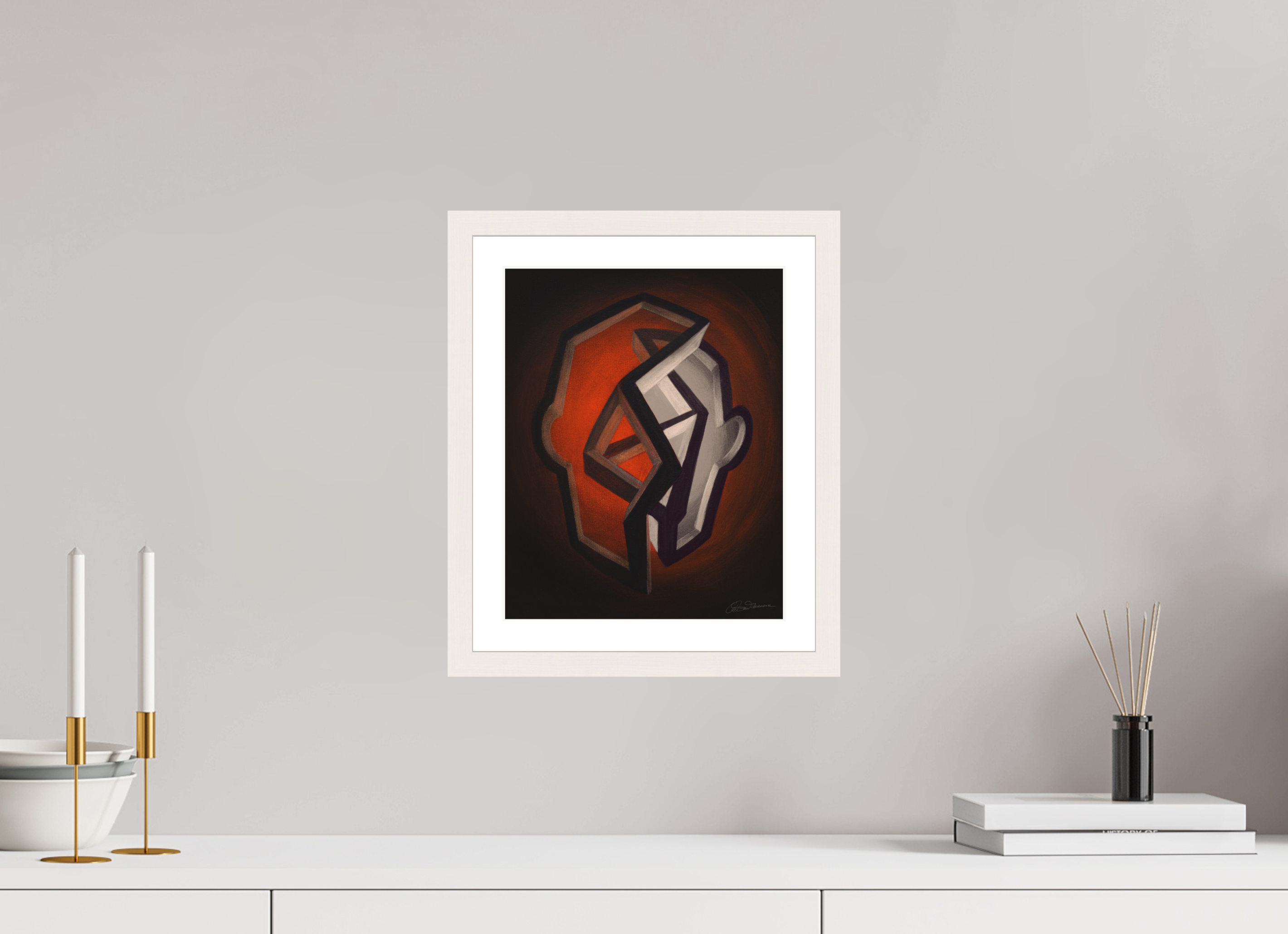 25 x 31,3 cm, Papier mit Holzrahmen, weiß Herbst – von Feuer zu Asche