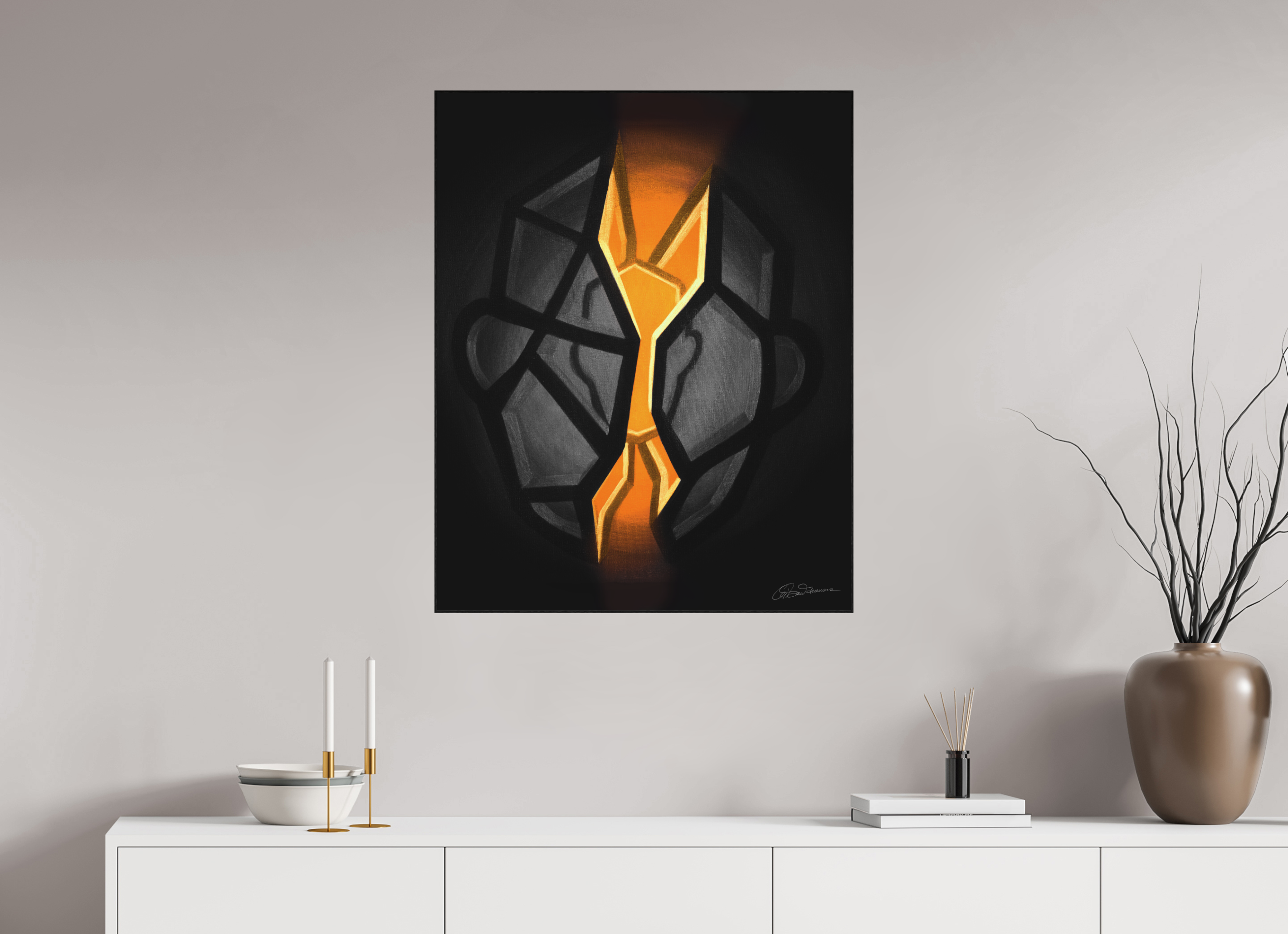 70 x 87,5 cm, Alu-Dibond mit Holzrahmen, schwarz Selbst-Bild. Schale und Kern.