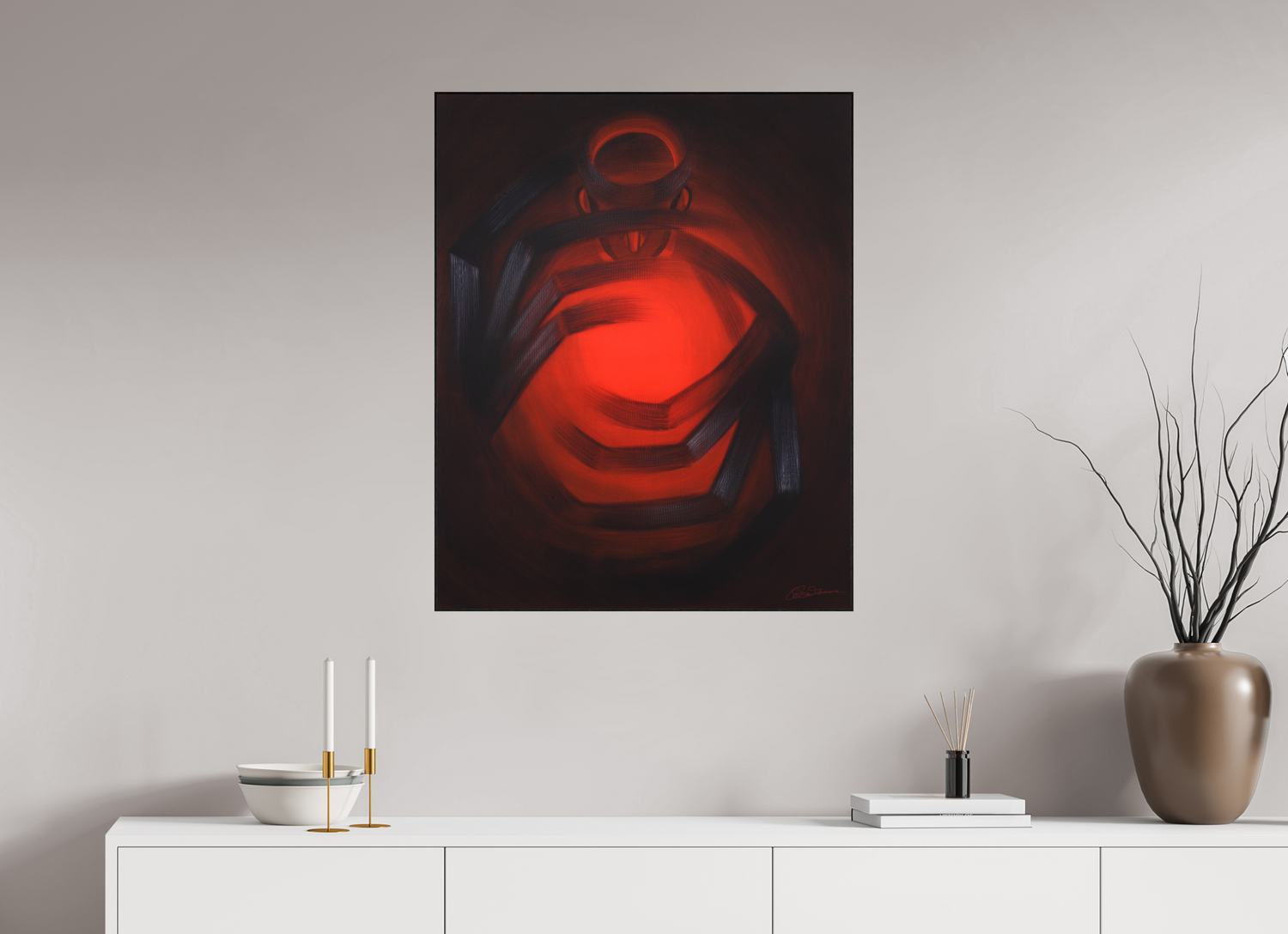 70 x 87 cm, Alu-Dibond mit Holzrahmen, schwarz Der Feuerweber